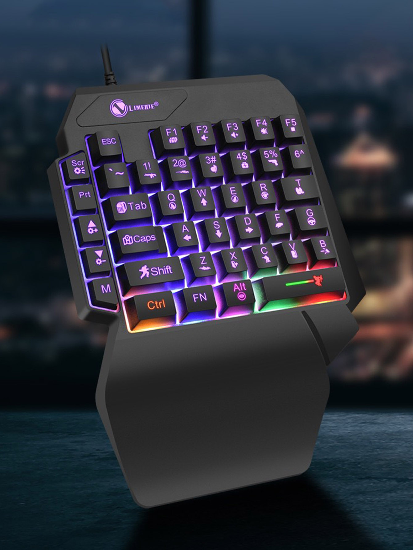 Gaming Keyboard And Mouse Converter For Mobile - คีย์บอร์ดเกมมิ่งแบบมีสายสำหรับมือเดียว, ตัวอักษรแกะสลักด้วยเรเดียม, รองรับการใช้งานด้วยมือตามหลักการยศาสตร์