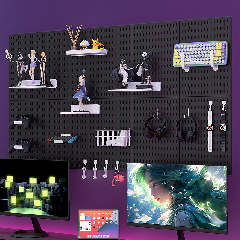 Gaming Keyboard And Mouse - ชั้นวางของแบบติดผนังสำหรับเล่นเกม – ติดตั้งโดยไม่ต้องเจาะ รองรับเมาส์/คีย์บอร์ด/ตะขอแขวนหูฟัง เหมาะสำหรับการจัดห้องและการตกแต่ง